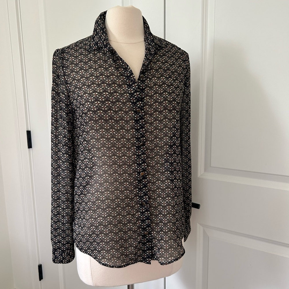SEZANE size 36 Navy Foulard Print Semi Sheer long sleeve Blouse Top